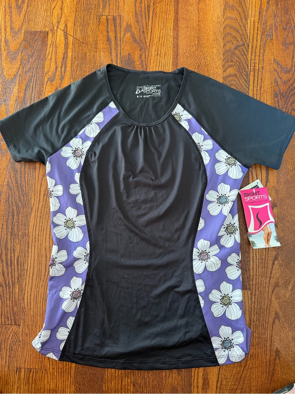 SkirtSports Black Athletic Top with Purple Floral Panels